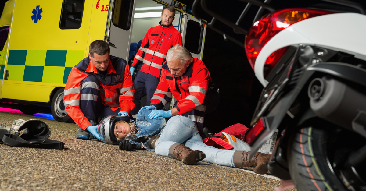 Motorcycle accident injury victim rescued by paramedics.