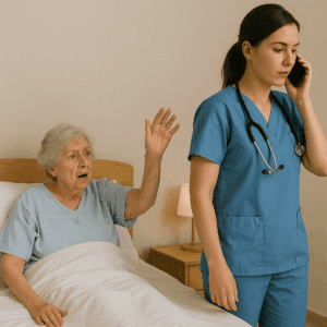 A nurse ignoring an old woman.