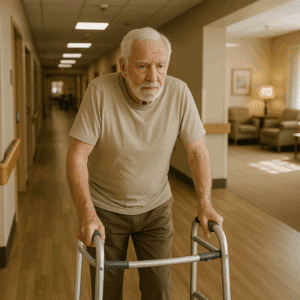 An elderly inmate recovering from a slip and fall accident at the nursing home