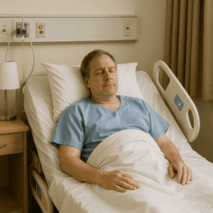 A man sleeping on a hospital bed