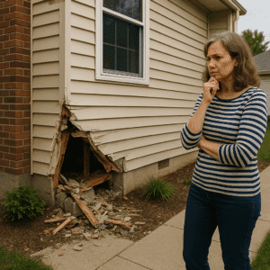 Woman inspecting the damage to the outer wall of her home