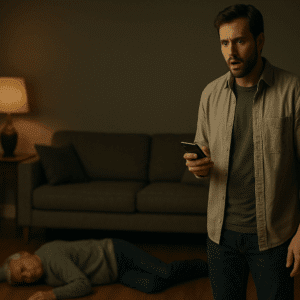 A shocked person trying to call 911