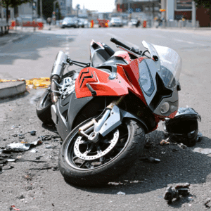 Motorcycle lies wrecked on the asphalt after a serious accident