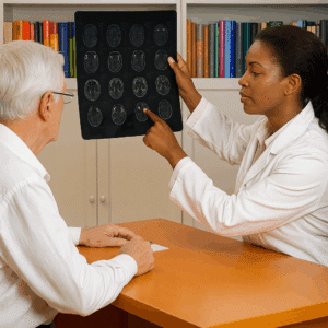 Doctor reviews brain scans with patient