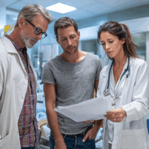 Doctors reviewing reports for an estimate of medical expenses with a patient's relative