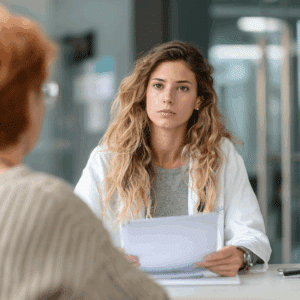 A doctor examining medical documents