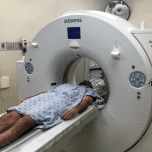 A car accident victim undergoing CT scan