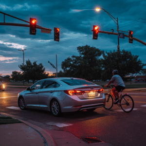 car at red light, an e-biker next to it